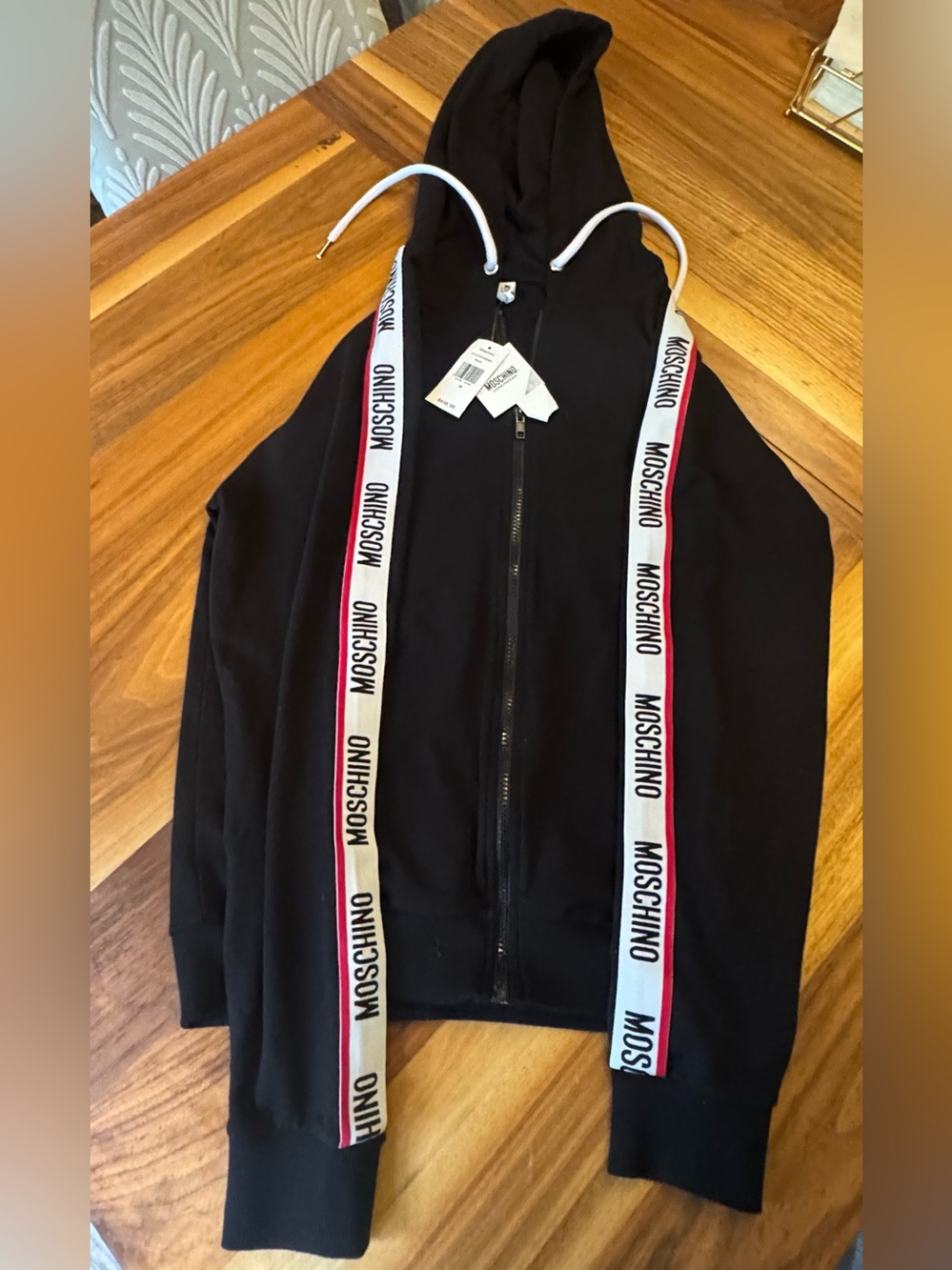 NWT Moschino Logo Tape Zip-Up Hoodie – Black or Light Blue